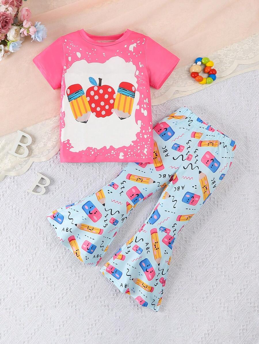 2pcs/Set Girls/Toddlers Casual Outdoor Pencil Print T-Shirt And Flared Pants Set, Summer