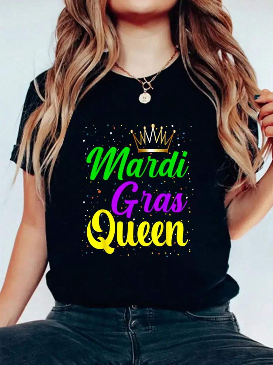 Mardi Gras Queen Parade Costume Party Women Mardi Gras T-Shirt Women Graphic Print T Shirt, Casual Crew Neck Short Sleeve Top, Cotton Knit Fabric, Regular Fit, All-Season Wear