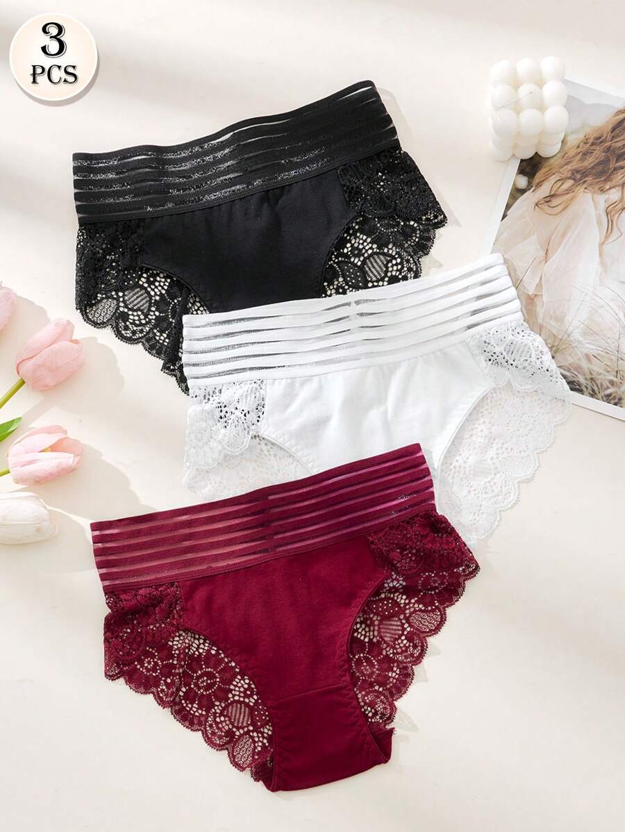 APRSEA Set de 3 bragas de mujer con cintura de encaje semi-transparente, bragas cómodas de talle alto