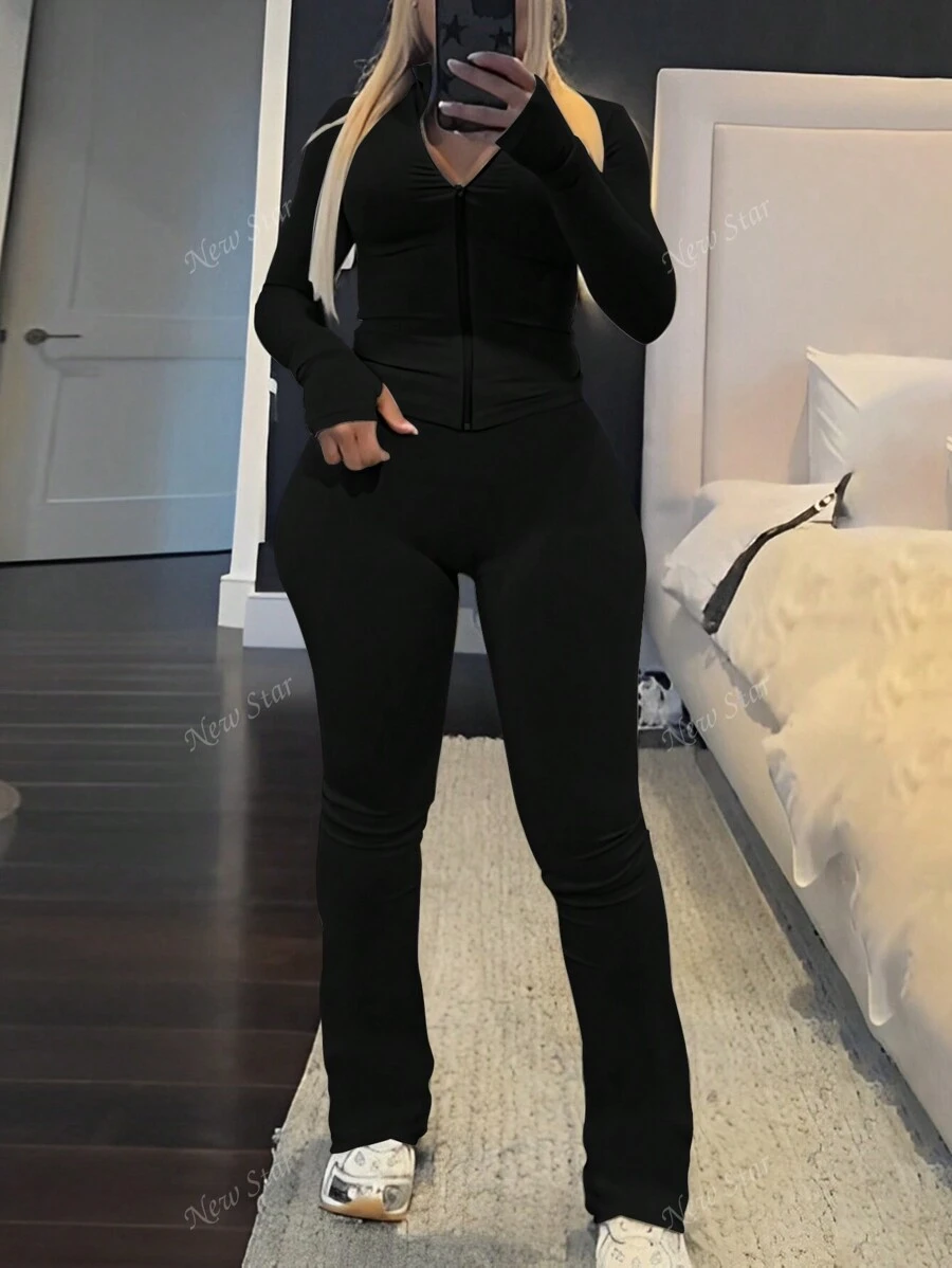 Conjunto de 3 piezas de mujer de estilo europeo para otoño e invierno: Cardigan + Top ajustado con cremallera + Pantalones de pierna ancha