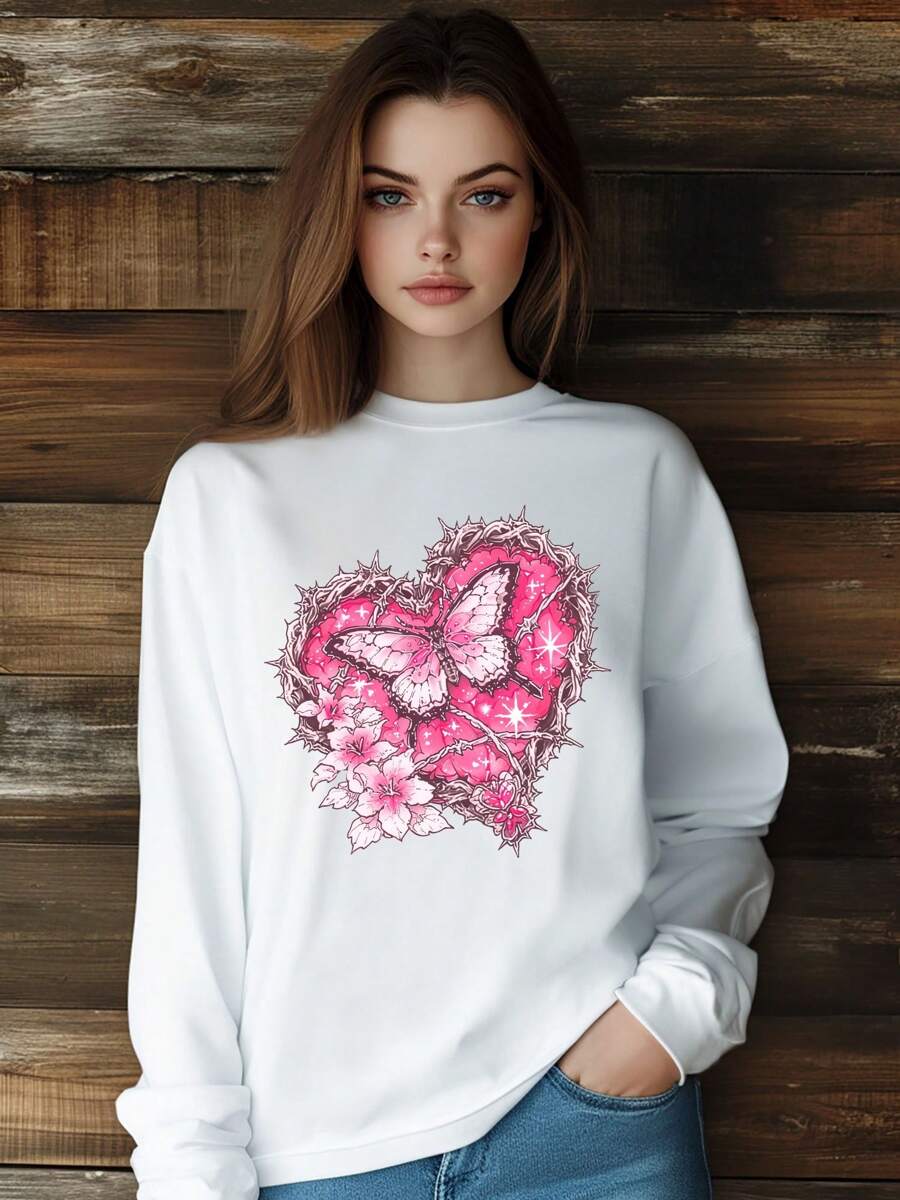 Women Valentine's Day Love Butterfly Thorns Chain Heart T-Shirt Fashion Print Long Sleeve Round-Neck Loose Fit Tops Streetwear
