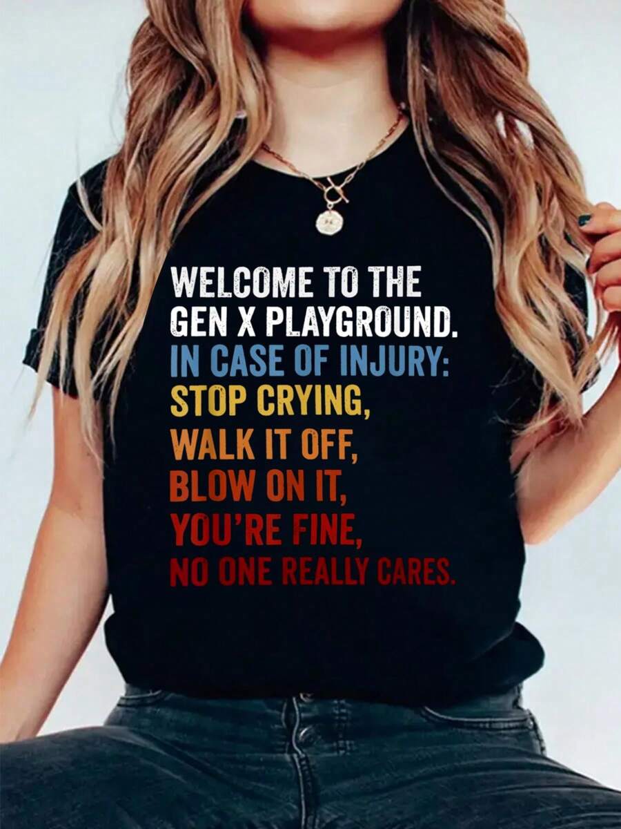 Welcome To The Gen X Playground Generation X 1980 Millennial T-Shirt Print Cotton T Shirt For Summer, Women's Soft Short Sleeve Top, Stylish Comfy Tee For Women Graphic Tees