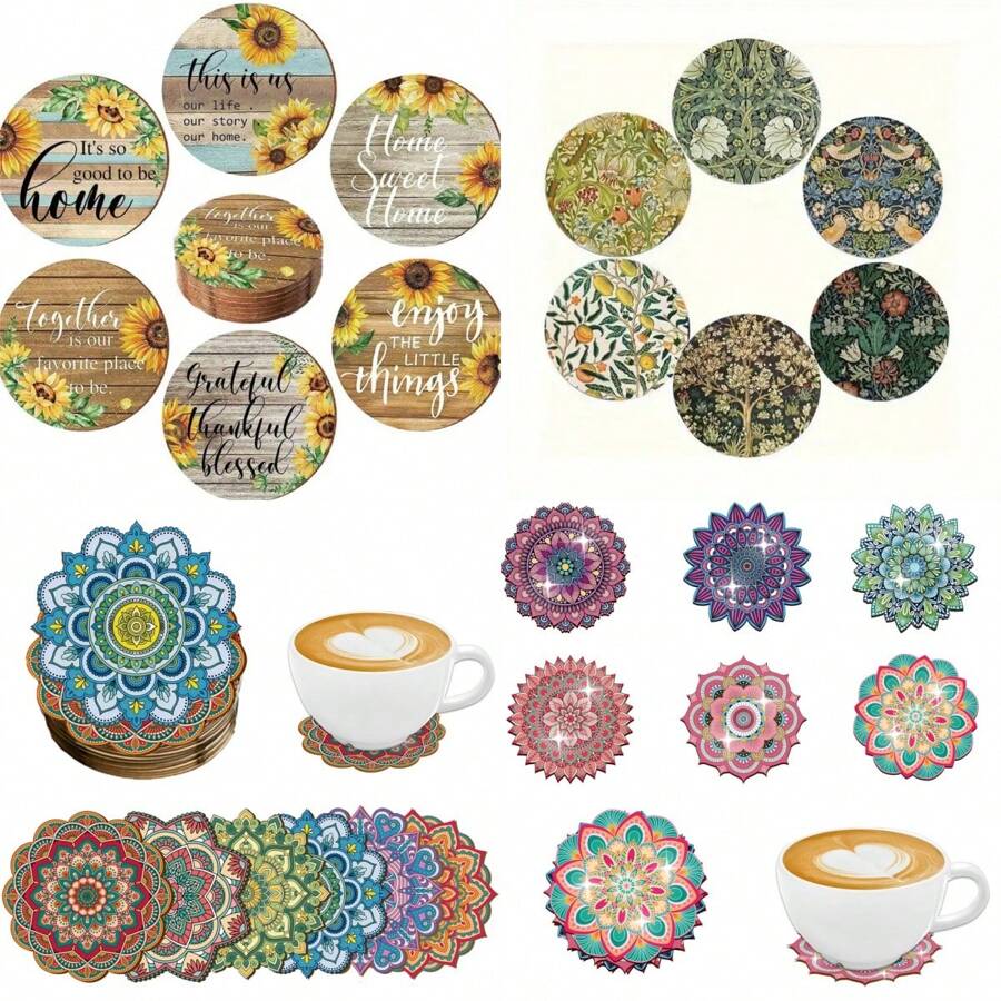 6pcs Sunflower, Mandala Floral Pattern Wooden Coasters, Round Shape, Anti-Slip Tabletop Art Coasters For Adults, Office, Tea House, Home, Crafts & Gifts