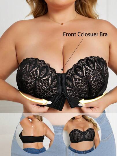 Plus Size Strapless Front Button Closure Bra For Women, Soft & Comfortable Wireless Bandeau Tube Top Bra