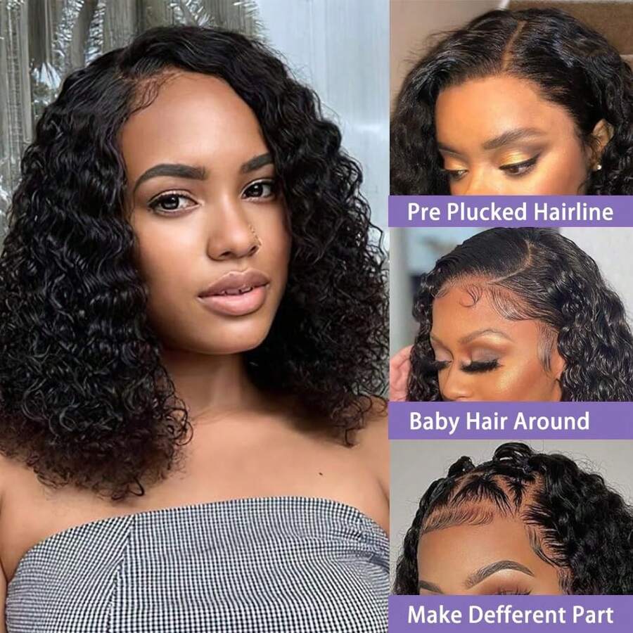 Curly Wave Bob Wig Human Hair 4x4 Deep Wave Curly Lace Front Wigs Human Hair For Women Short Bob Human Hair Wig Pre Plucked With Baby Hair Glueless Hair Curly Wigs Nature Hairline 180% Density 8 Inch Thanksgiving & Christmas &Party Short Bob Wigs
