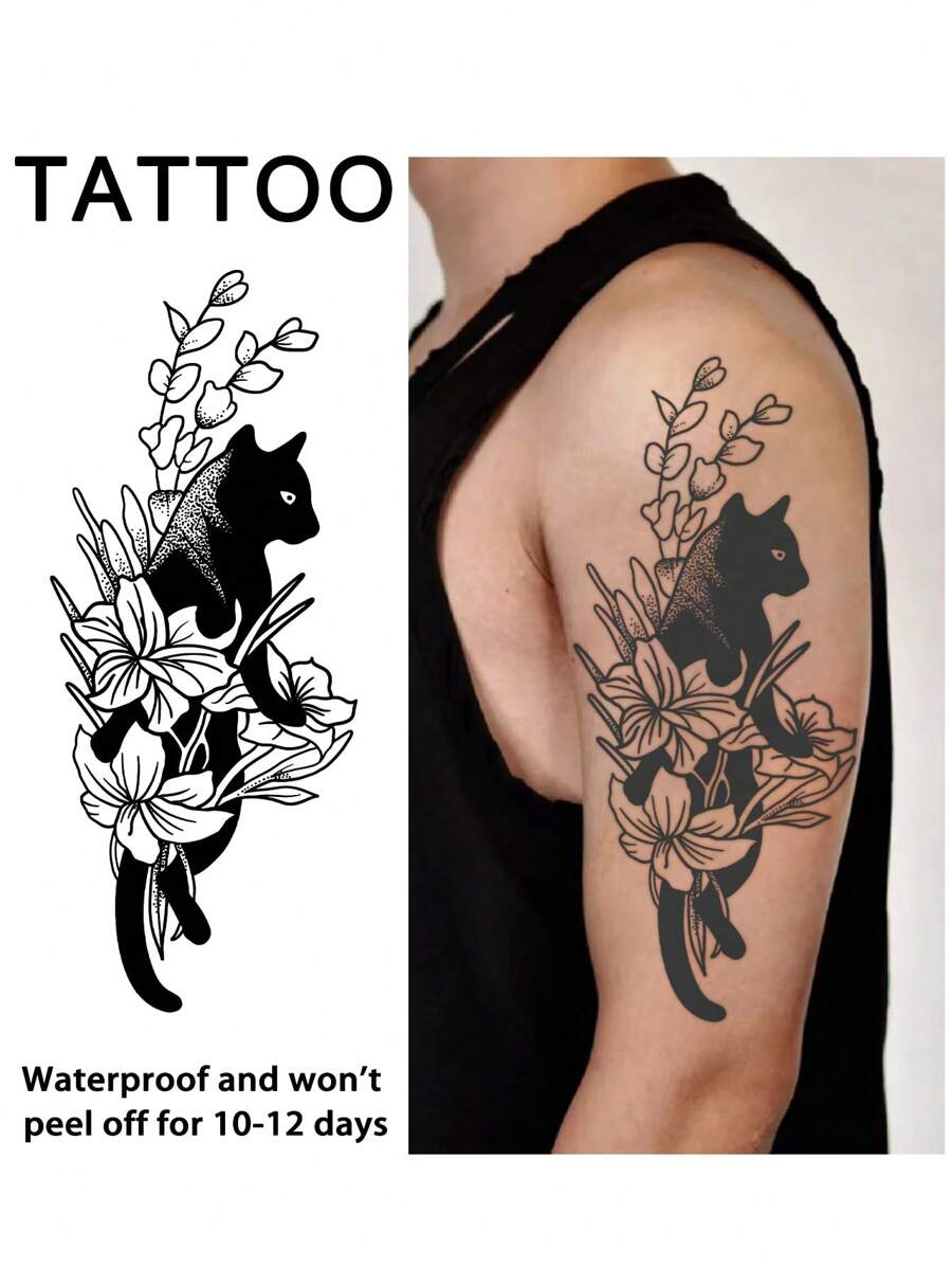 1 Pieza Tatuajes temporales de gato resistentes al agua y al sudor que duran de 1 a 2 semanas, con realismo, jugo de hierbas, antifricción y sin reflejo, tatuajes falsos negros para mujeres y hombres, pegatinas de tatuaje para brazos, pecho, piernas, abdomen, cintura, arte corporal modernista