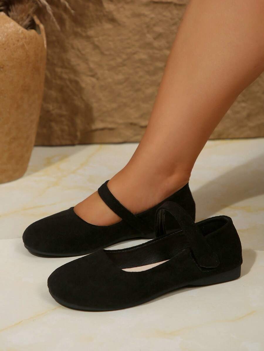 Plus Size 36-43 New Arrival Fashion Versatile Mary Jane Flat Shoes, Black Suede Fabric, Slip-On, Round Toe, Comfortable Slip-On Ballet Flats For Everyday & Work, Spring/Autumn