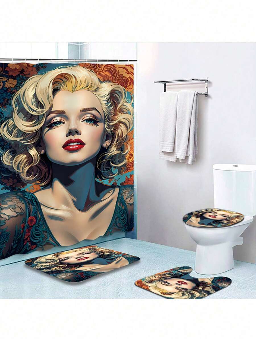 1/4 Pcs Letter Print Shower Curtain Set With Anti-Slip Bath Mat Carpet, Polyester Washable Bathroom Decor Curtains, Window Curtain, Size 70.8" X 70.8"