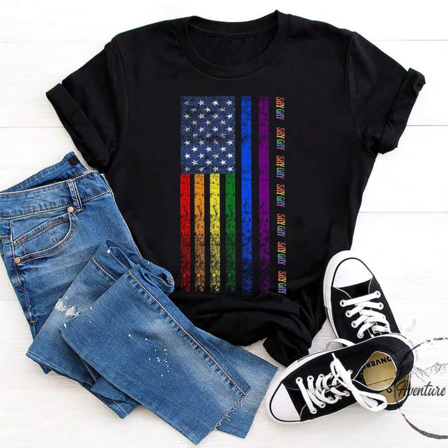 LGBT Shirt, 4th Of July Rainbow American Flag Independence Day Patriotic LGBT Say Gay Pride Equality Lesbian Pride Shirt
