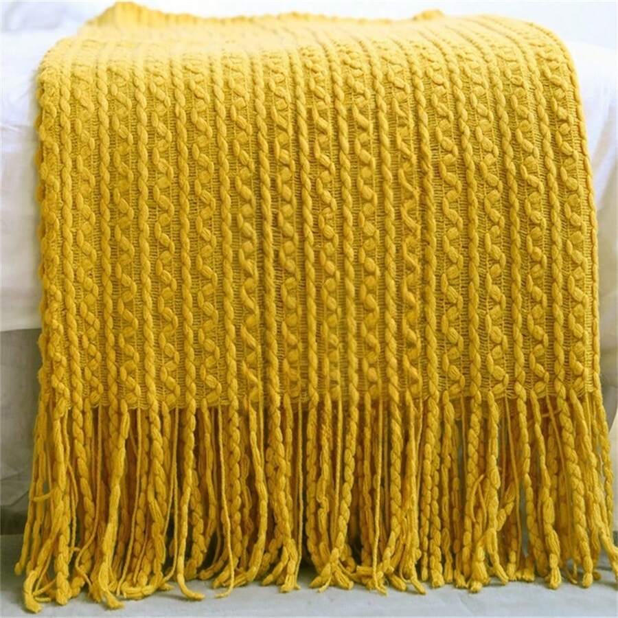 1 Pc Comfortable Nordic Style Knitted Sofa Blanket With Tassels - Stain Resistant, Handwash, All Season Polyester Cozy Design, Suitable For Sofa, Bed, Office And Travel