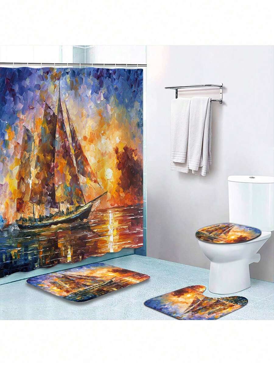 1/4 Pieces Letter Print Shower Curtain Set, Includes Slip-Resistant Bath Mat, Polyester Machine Washable Shower Curtain, Bathroom Decor Curtain, Window Curtain, Size 70.8" X 70.8"