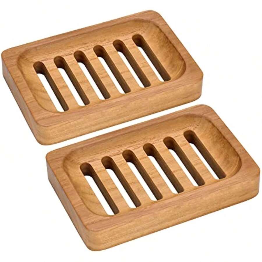 2 paquets de porte-savon en bois de teck de 12,5 x 8,5 cm, porte-savon en bois naturel étanche et autonettoyant, pour la salle de bain et la cuisine, décoration de maison pour l'été et la rentrée scolaire