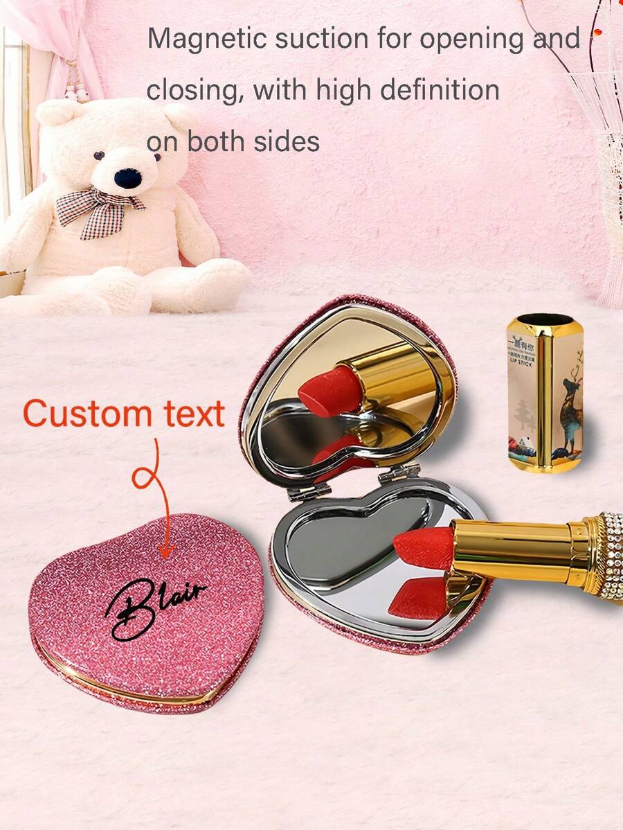 1pc Personalized Heart-Shaped Portable Makeup Mirror, Compact Folding Mirror For Girls, Gift