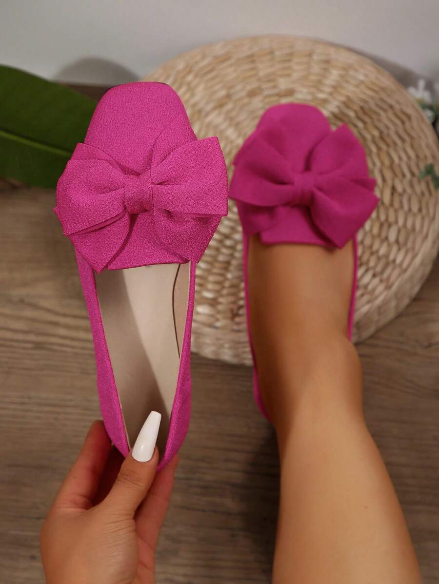 Cross-Border Plus Size 36-43 Sweet Bowknot Fuchsia Shallow Casual Flat Shoes For Daily Work, Comfortable, Lightweight, Slip-On Soft Bottom Women Loafers