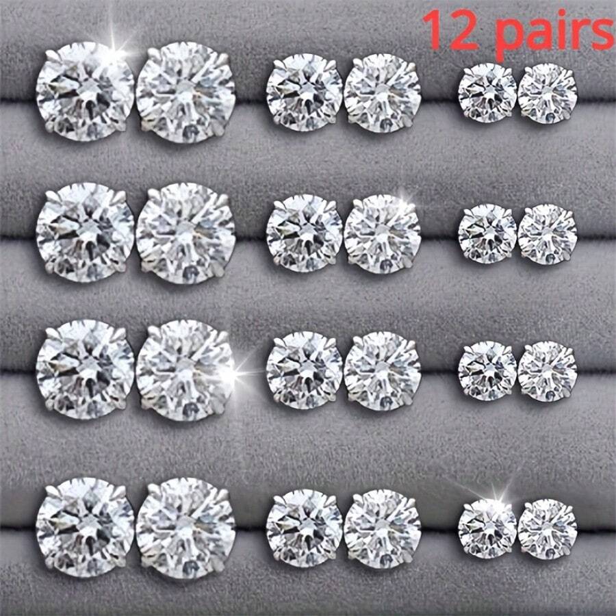 12 Pairs Stainless Steel Stud Earrings, Simple And Elegant Zirconia Earrings Set, Versatile For Party And Daily Wear