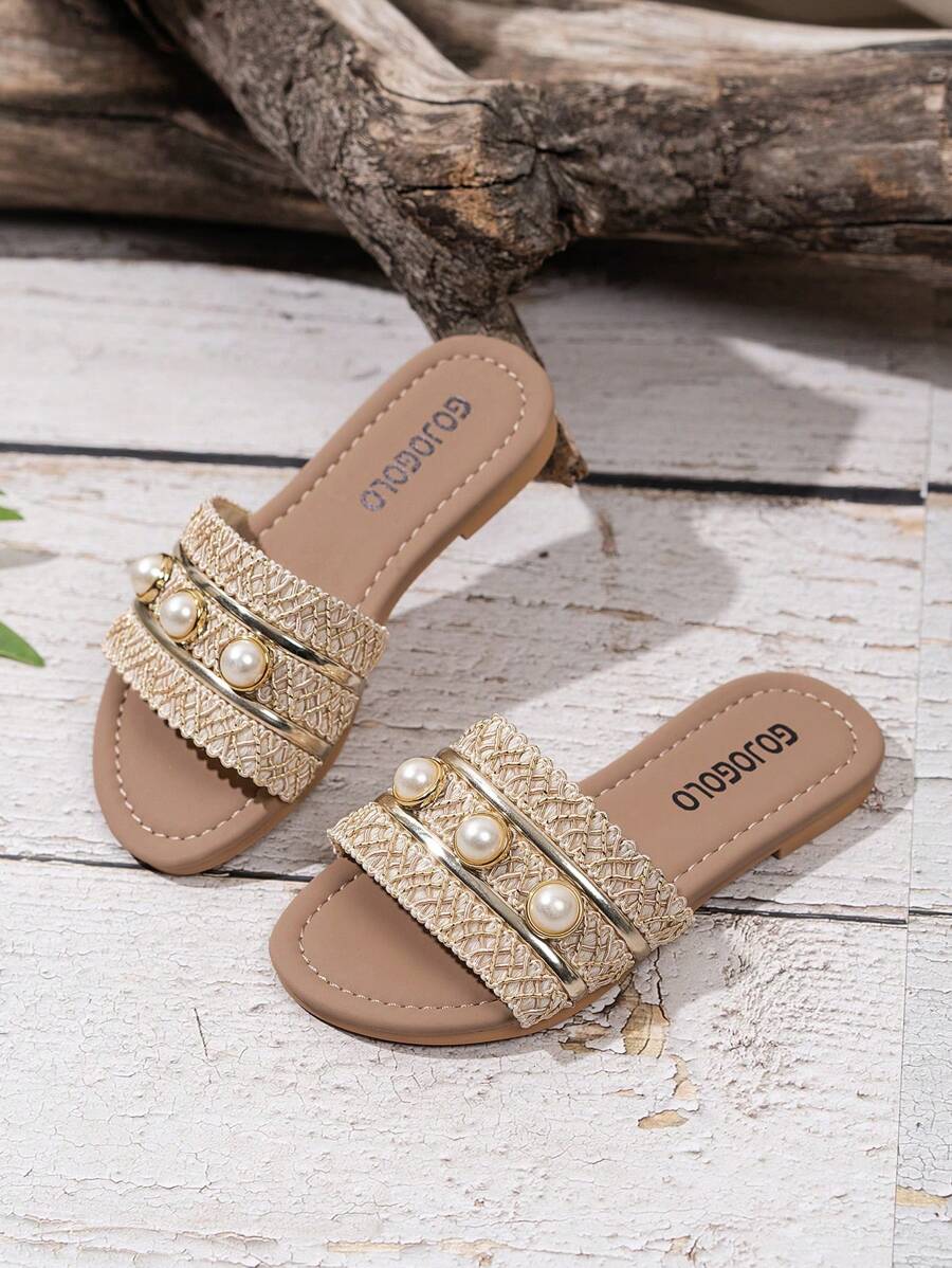 1 Pair Girls Artificial Button Decor Anti-Slip Round Toe Flat Sandals, Fashion Casual Beach Daily Wear