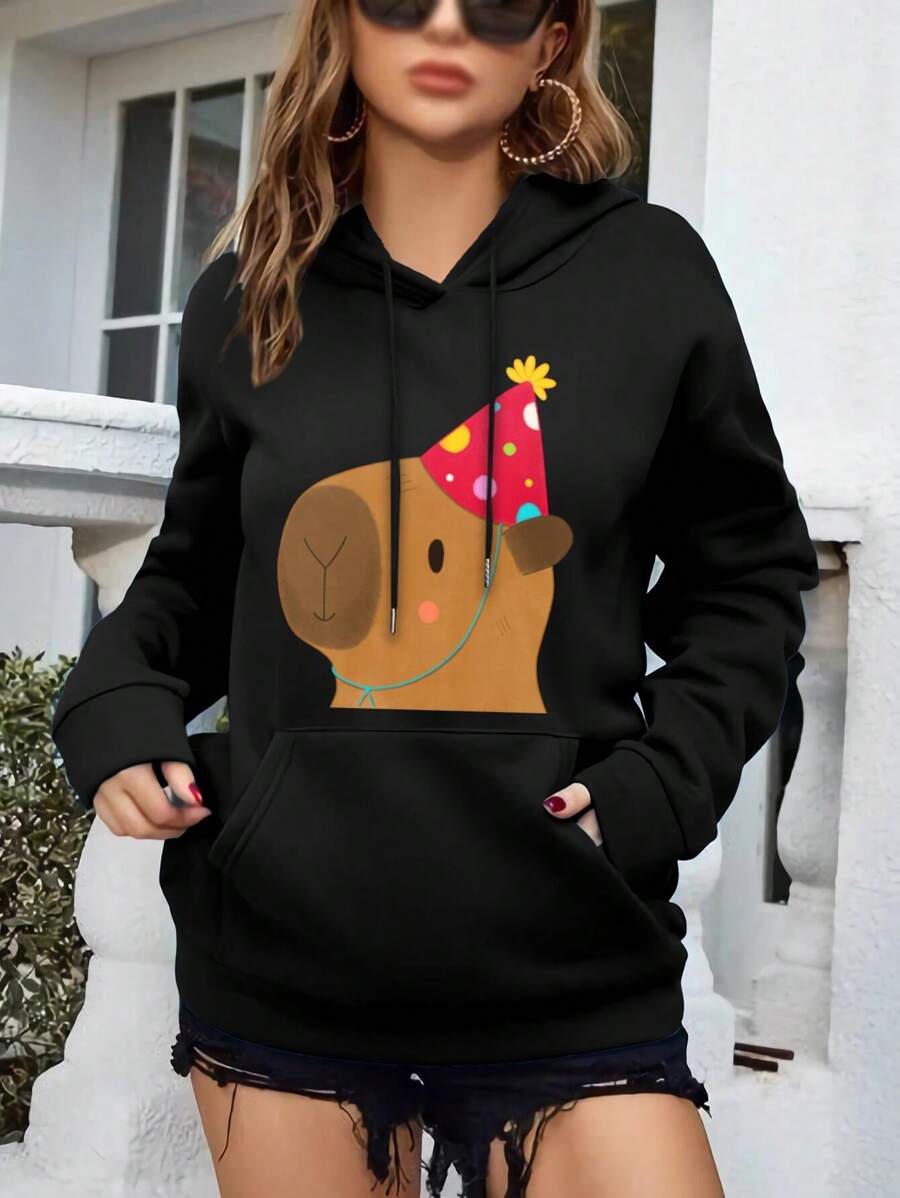Playful Cartoon Capybara With Birthday Hat - A Colorful And Cute Animal Portrait For Women's Hoodies Animal Portrait Capybara Cartoon Colorful Cute Illustration Minimalist Party Hat Playful Whimsical