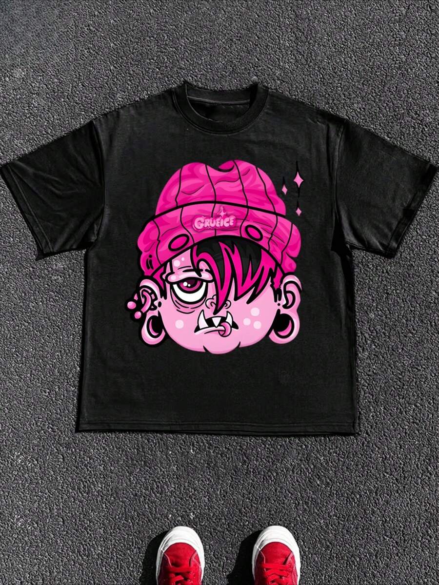 Sports Emo Cartoon Monster Pink Design Round Neck Short Sleeve T-Shirt (Single Piece)100% Cotton 220g Heavy Cotton T Shirt