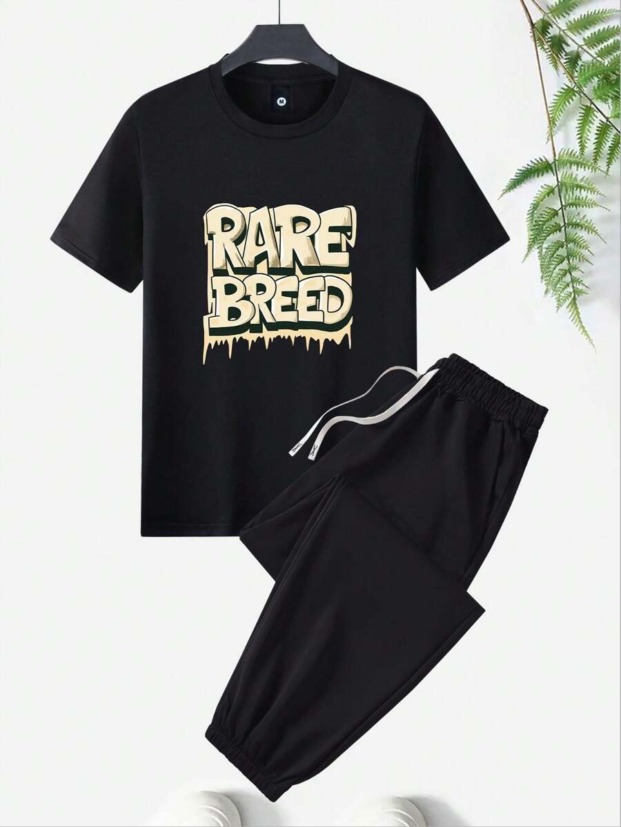 Men's Summer Regular Fit Short Sleeve T-Shirt And Pants Set, Letter Graphic Print Casual Outdoor Outfit, Pockets & Drawstring Waist Pants, 2 Pieces Set