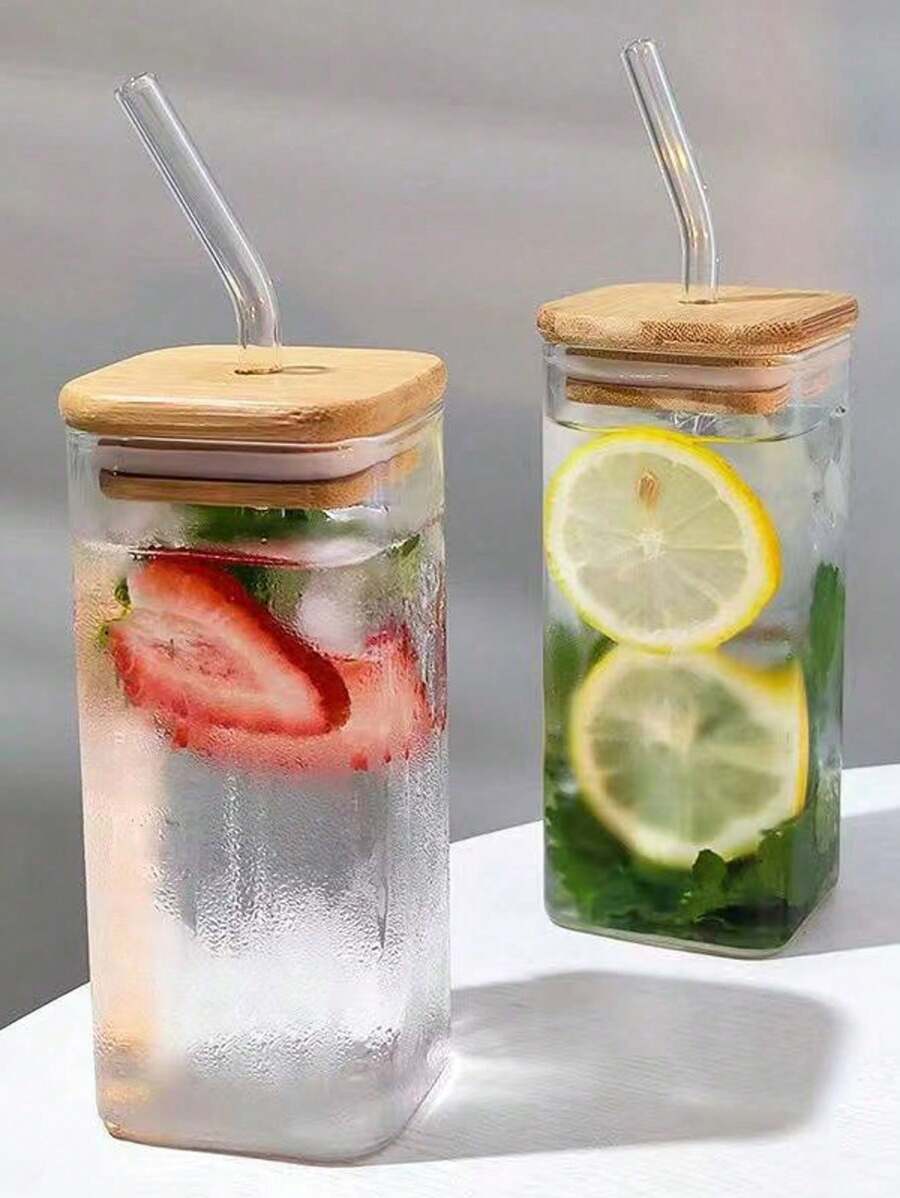 1pc Square Glass Coffee Mug/Milk Cup, Thick Heat-Resistant Microwave-Friendly Cup With Lid, Breakfast Cup