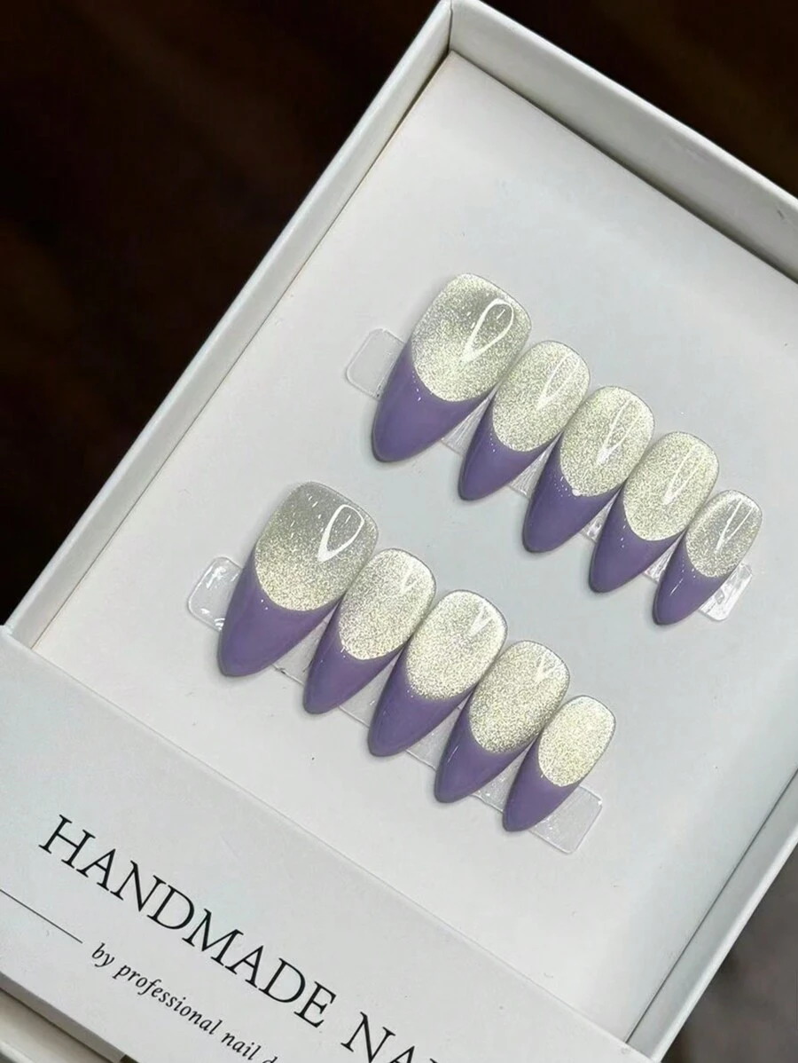 Press-On Artificial Nails With Purple Glitter Handmade Design, Manicure Accessories