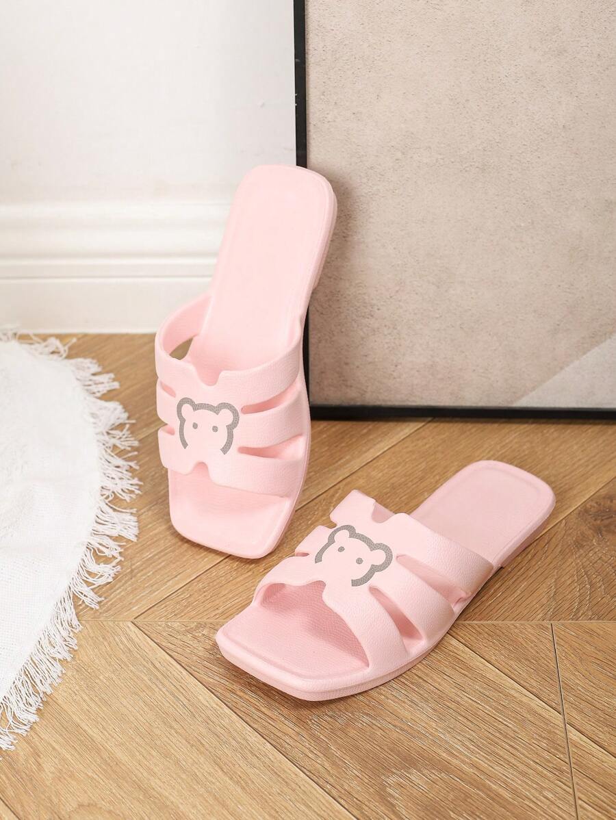 Women Summer Flat Slides, Fashion Outdoor/Indoor/Bathroom Waterproof EVA One-Piece Lightweight Non-Slip Cartoon Cute Pink Slippers