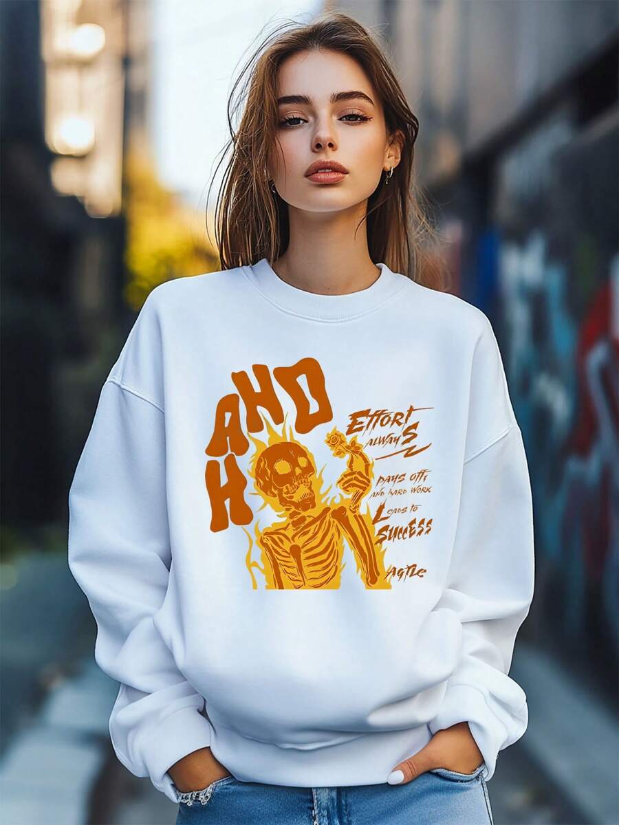 Women's Y2K Punk Skull Letter Hip Hop Return Print Sweatshirt Pullover Fall Loose Fashion Long Sleeve Crew Neck Sweatshirt Casual Comfy Clothes