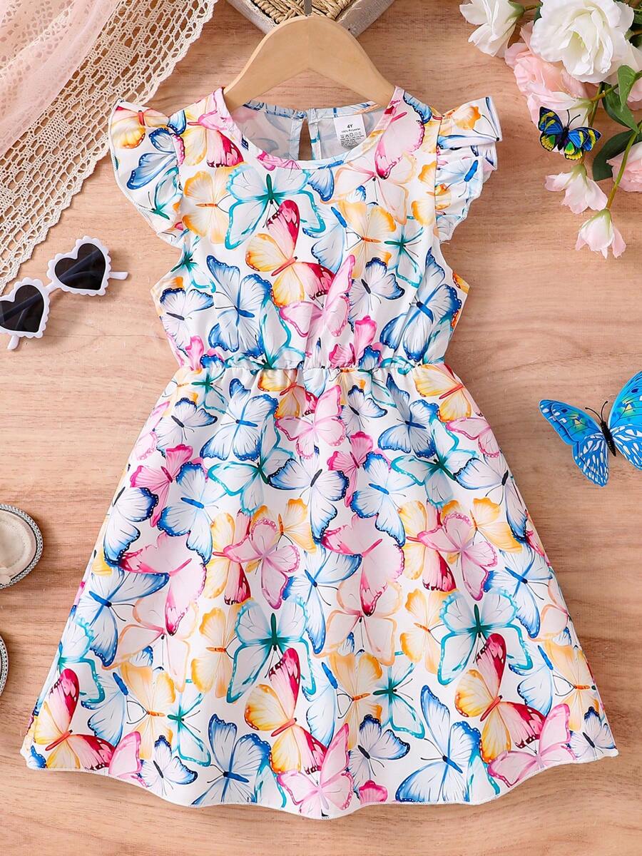 Girls Spring/Summer Cute & Stylish Butterfly Print Dress, Round Neck Cap Sleeve, Children Casual Comfortable Soft Outdoor Activity Party Holiday Elegant Dress, Girl Summer Outfit