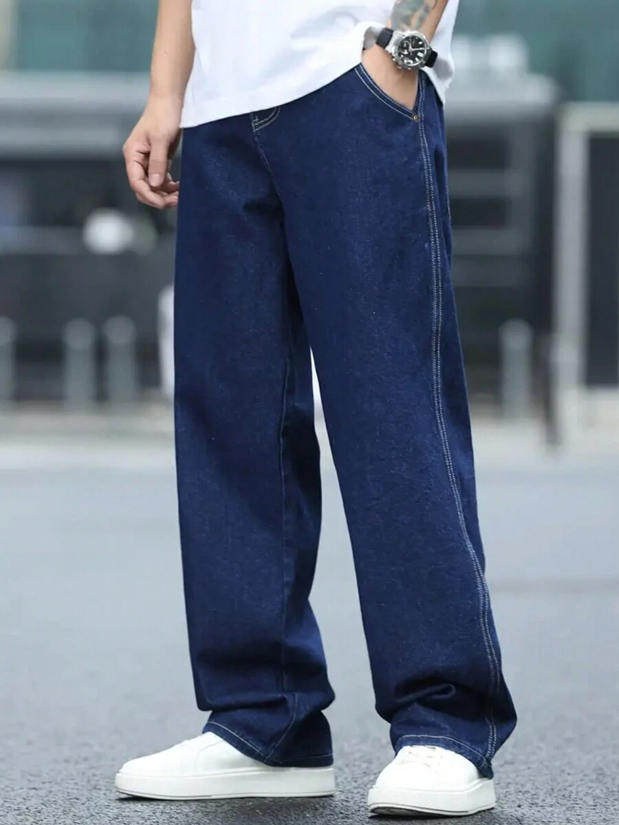 Men's Classic Solid Blue Loose Fit Jeans