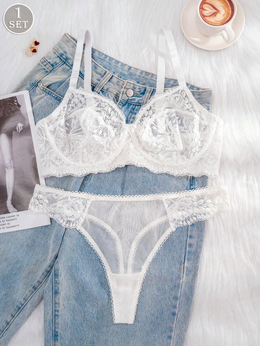 1 set Soutien-gorge et culotte en dentelle blanche confortable et sexy pour femmes en grande taille