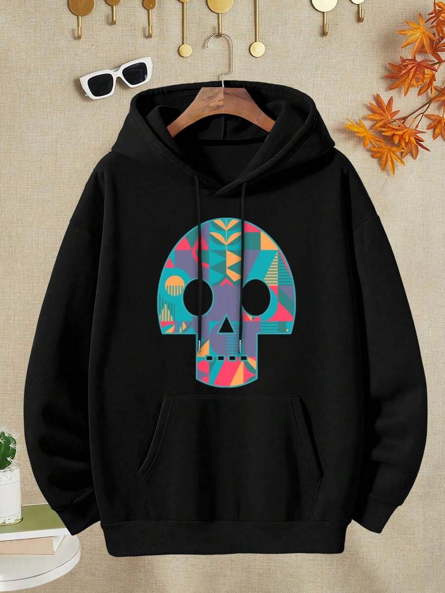 Geometric Abstract Skull Design Abstract Shapes Colorful Skull Geometric Skull Modern Graphic Patterned Skull Skull Illustration Symmetrical Art In Teal Orange And Pink - Vibrant Art For Women's Hoodies