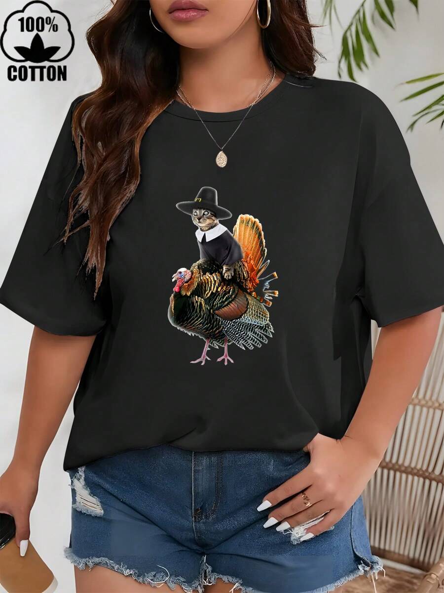 Happy Valentine'S Day Women's Cat Riding Another Animal T-Shirt, Women's 220g Round Neck Casual Heavy Pure Cotton T-Shirt (1 PC)