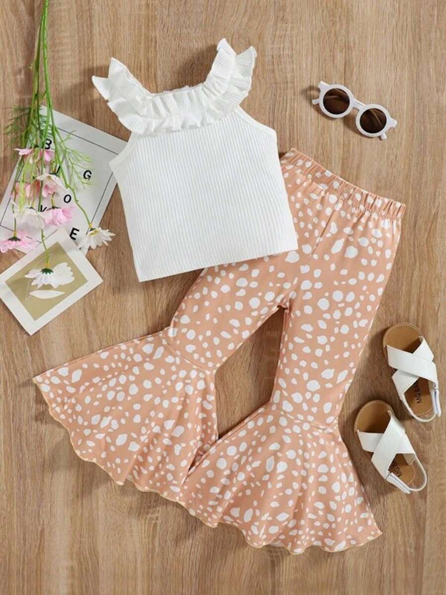 Conjunto de 2 piezas de niña compuesto por top de tirantes con aplicación de encaje floral en unicolor y pantalones acampanados estampados