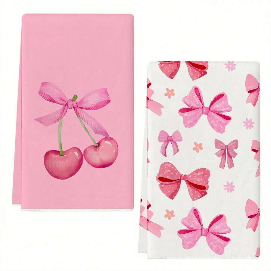 Pink Bow Kitchen Towel, Dish Cloth, Hand Towel, Holiday Decor Towel, Soft Absorbent Drying Cloth, Kitchen Decor, Tabletop Decor, Kitchen Supplies, Home Decor