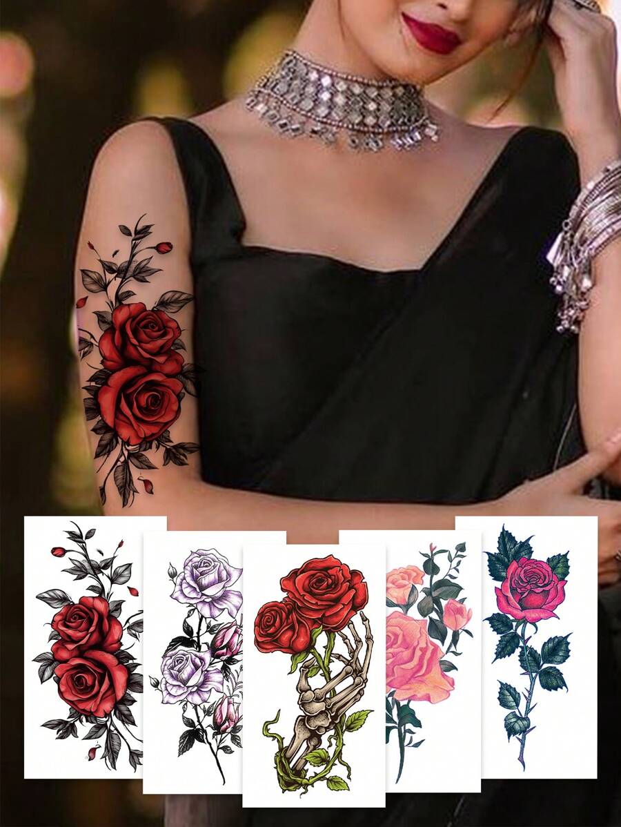 Set de 5 tatuajes temporales realistas en 3D de flores coloridas para el pecho, la pierna, la cintura, que ofrecen una sensación sexy diferente de manera instantánea