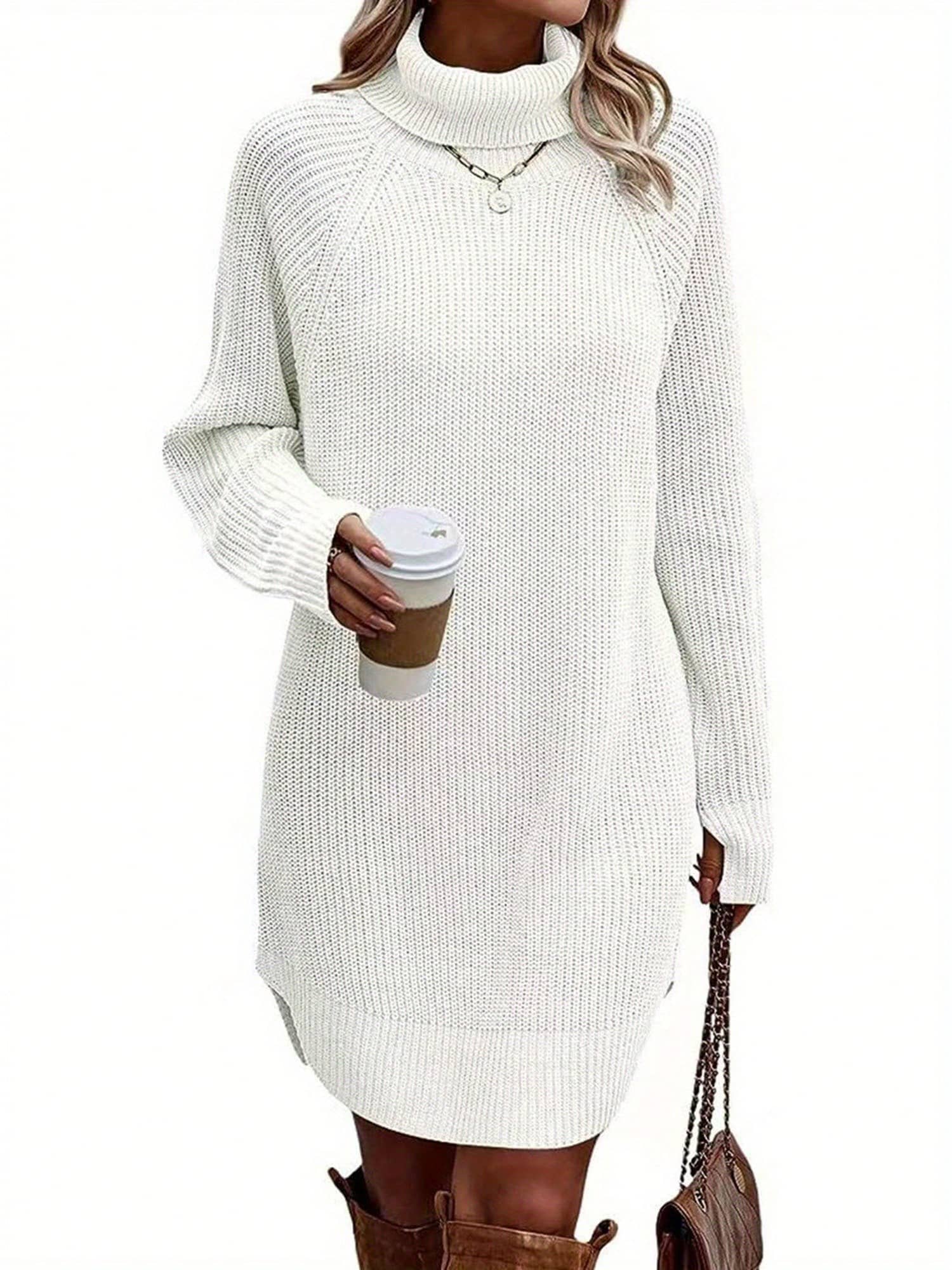 Women's Fall Mini Dress Long Sleeve Turtleneck Solid Color Knitted Dress Casual Sweater Dress