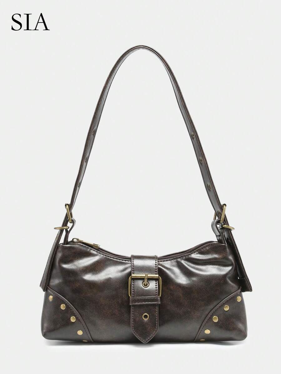 1 Stück vintage Damen-Schultertasche aus weichem, abgenutztem Leder mit Leopardenmuster und Nieten-Dekor, geeignet für Arbeit, Pendeln, Dates, Partys, Y2K-Stil, 2000er-Jahre Mode