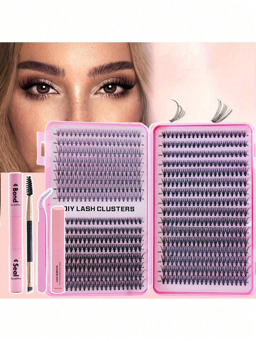 640/590/800 pièces Kit d'extensions de cils, colle double tête et scellant, pinces confortables, set de cils D Curl 8-16mm - sans parfum, kit de cils pour fêtes et maquillage de Noël
