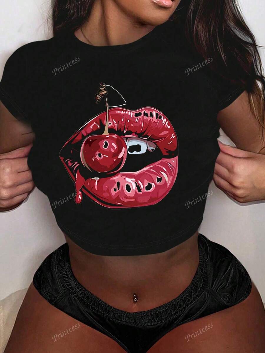 Cherry Red Lip Sexy Round Neck Fitted Short Blouse T-Shirt