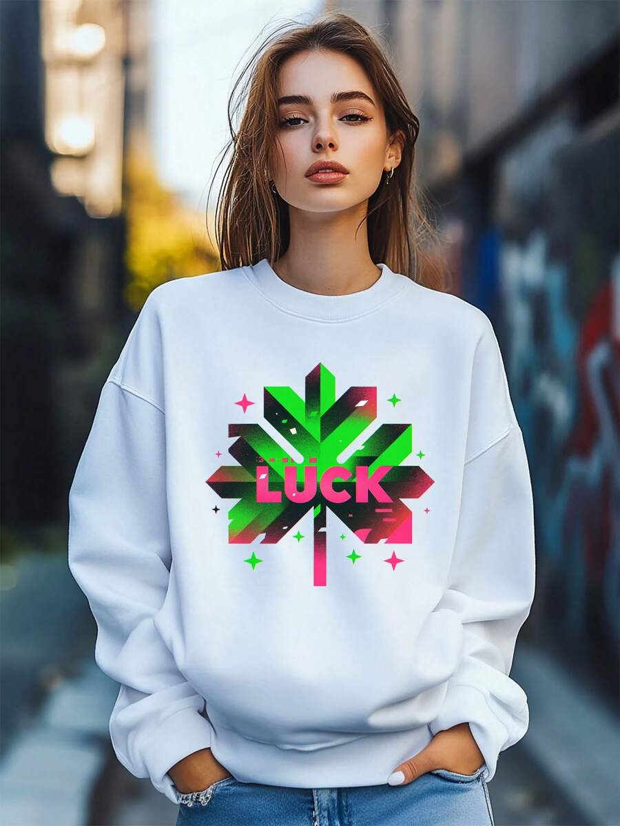 Women's Lucky Clover Letter Star Print Sweatshirt Pullover Fall Loose Fashion Long Sleeve Crew Neck Sweatshirt Casual Comfy Clothes