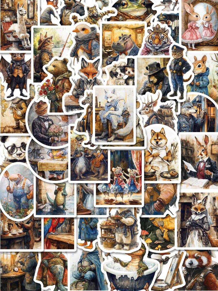 50 stuks dierenstickers, retro middeleeuwse varken kat vos konijn stickers voor scrapbooking, dagboek, laptop, bumper, skateboard, waterfles, bouwvakker, auto, verjaardagsfeestje, vinyl waterdichte stickers voor tieners volwassenen kinderen terug naar school cadeaus