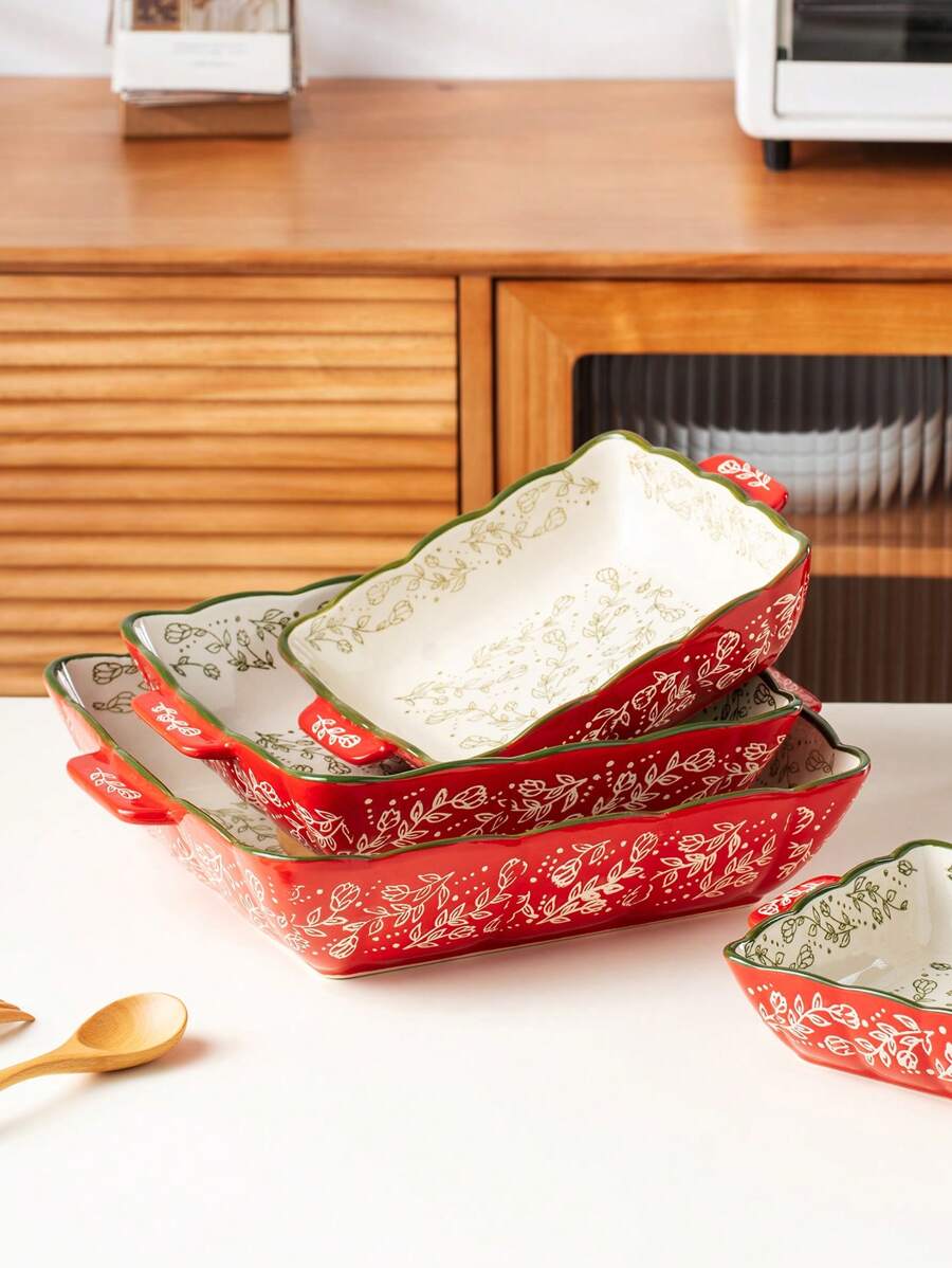 Assadeira quadrada de cerâmica pintada à mão com padrão floral vintage vermelho e alças, utensílios de cozinha para salada, grelhados, assados, sobremesas e pizzas, adequada para forno e micro-ondas