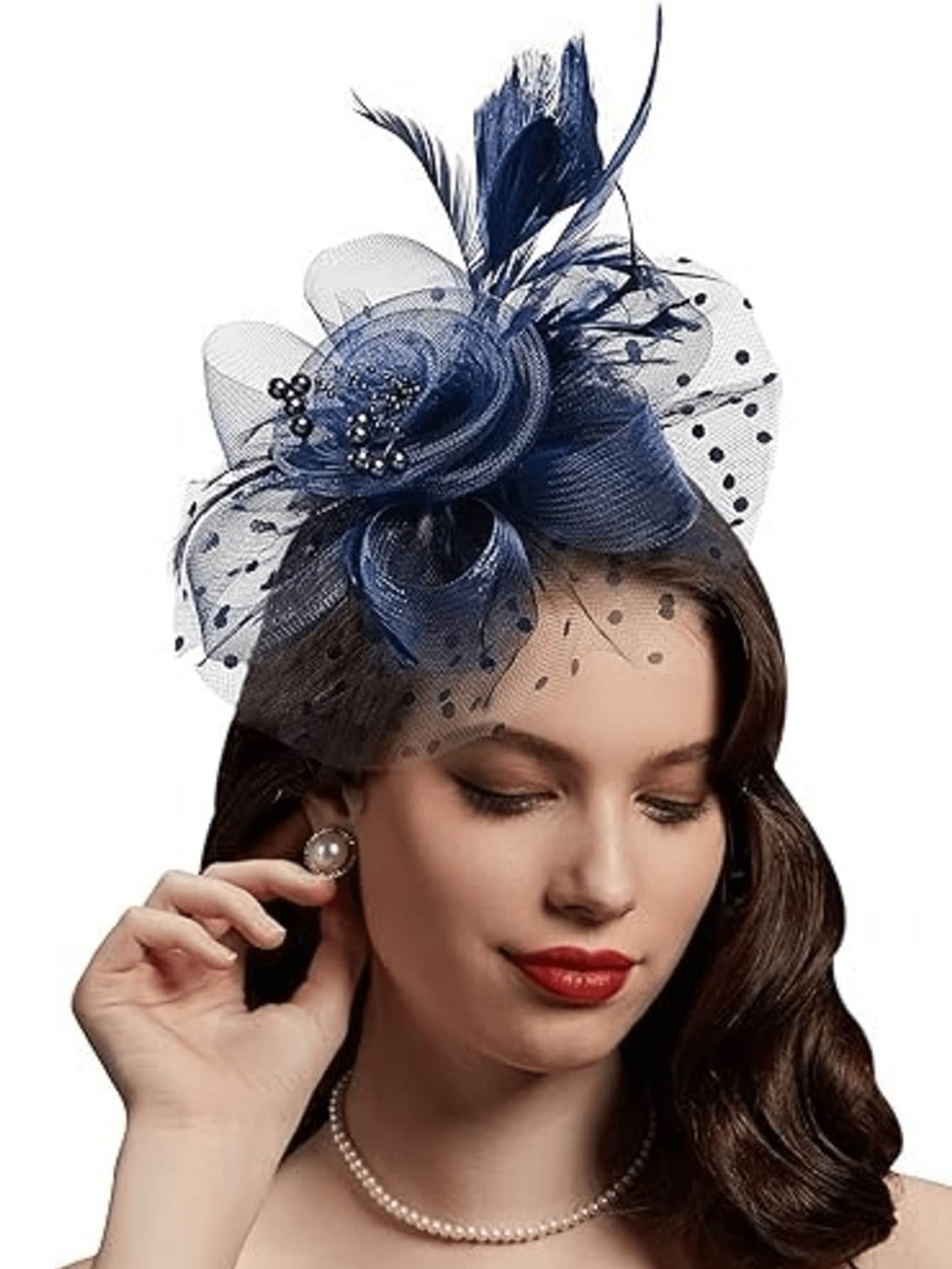 1 Piece Navy Blue Fascinators Hat For Women Tea Party Headband Kentucky Derby Wedding Flower Cocktail Mesh Feathers Hair Clip