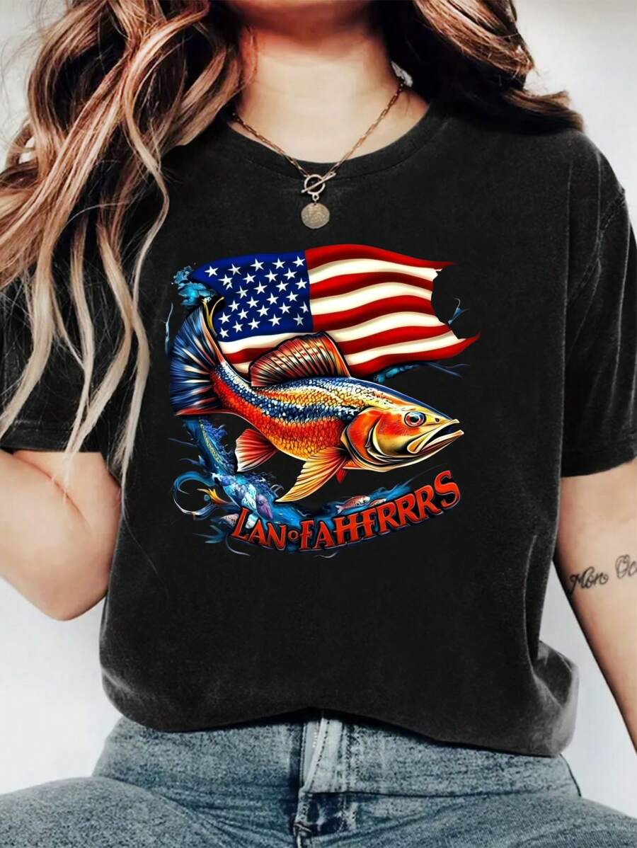 "American Flag And Fish" Print Pattern Leisure Suitable For Daily Work And Family Wear Short-Sleeved Round Neck Women's T-Shirt