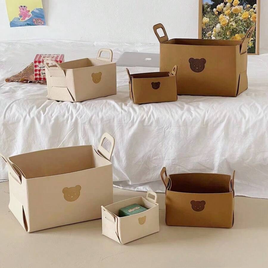 Bear Shaped Felt Desktop Storage Basket, Foldable Organizer Bin For Snacks, Toys, Cosmetics