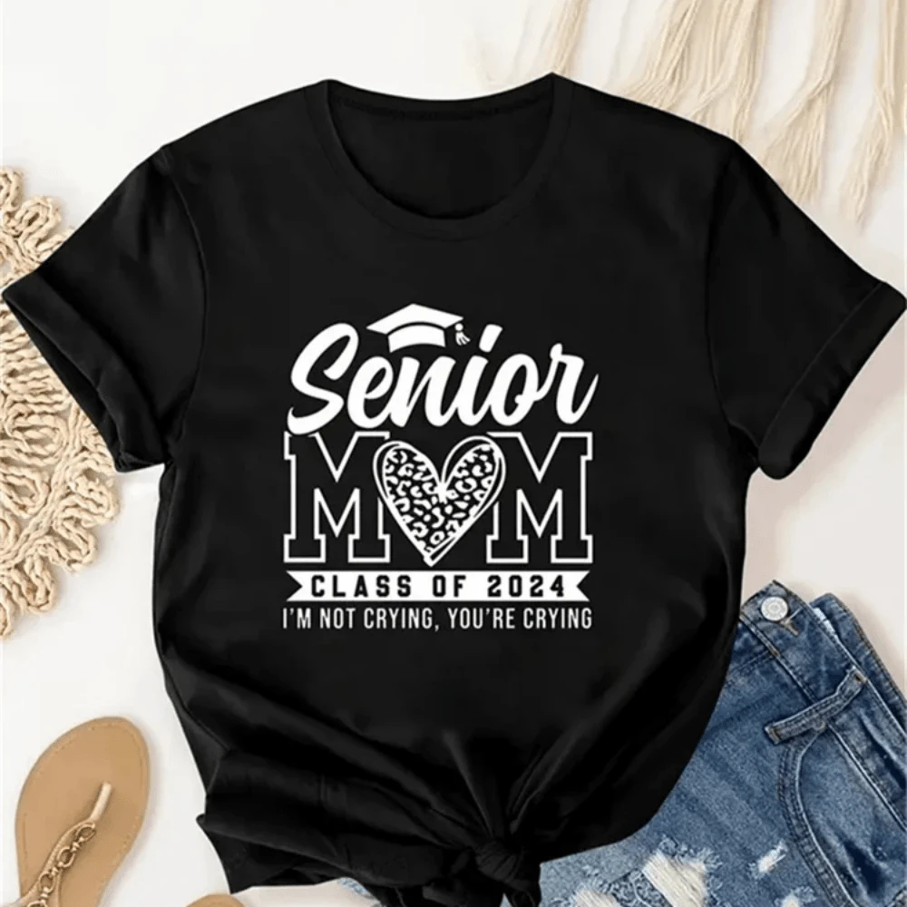 Senior Mom Print Polyester Breathable Tee Shirt Crew Neck Casual T Shirts For Women Mother S Father