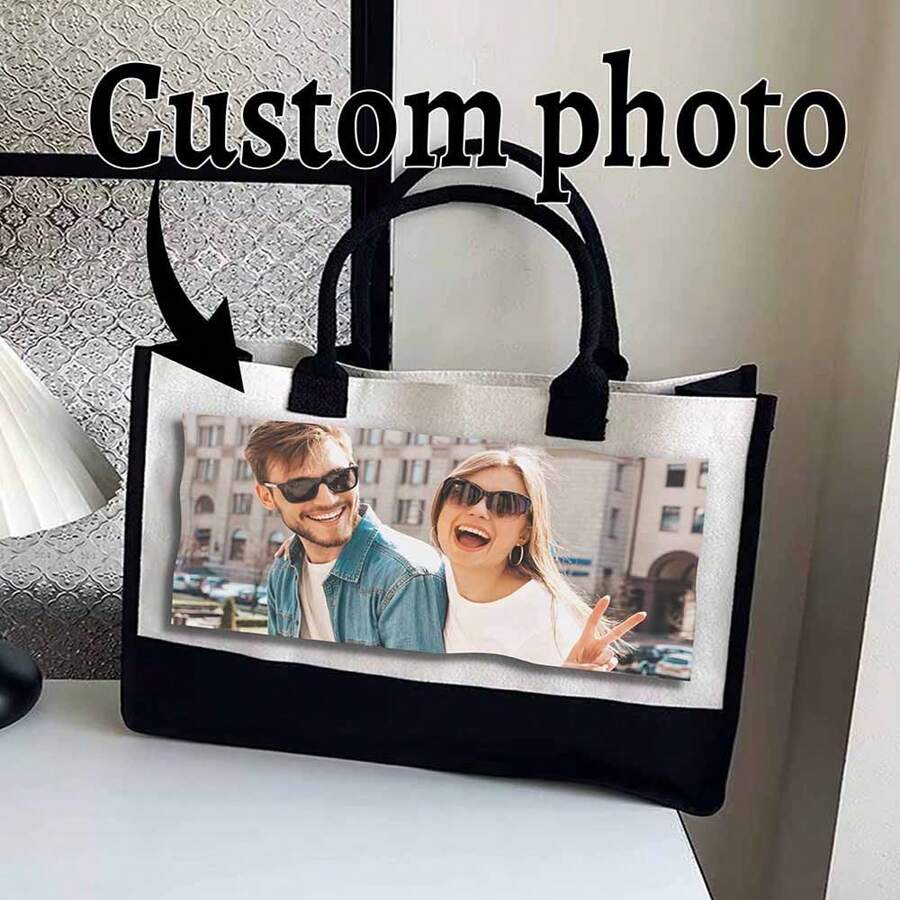 1PC Customized Picture & Text Canvas Bag, Reusable Fashion Shoulder Bag, Unisex Simple Handbag, Crossbody Bag, Perfect For Beach, Wedding And Travel, Gift For Him Or Her, Memorial Gift, Ideal Bridal Party Gift And Holiday Gift,Boho Vibes