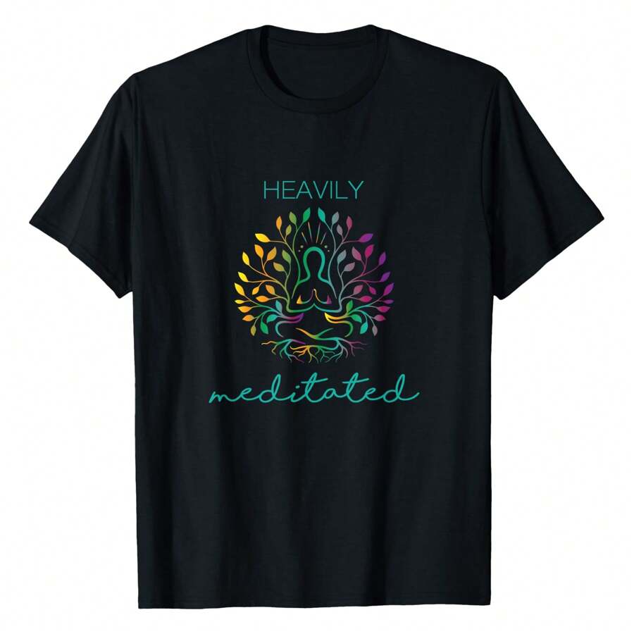 Heavily Meditated Yoga Meditation T-Shirt, Women's Printed T-Shirt 220g, 100% Cotton, Retro Fashion Street Women's Short Sleeves, Round Neck Casual Women's Outdoor Short Sleeves, Daily Four Seasons Wear, Holiday Gifts
