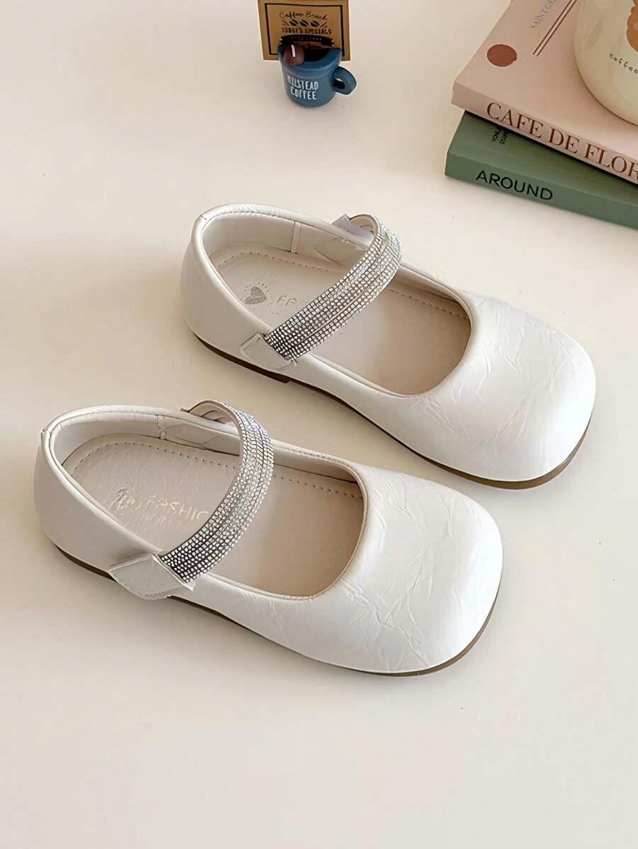 1 paar effen imitatieleren platte schoenen voor meisjes met strass-motief, elegant voor buiten, geschikt voor lente en zomer