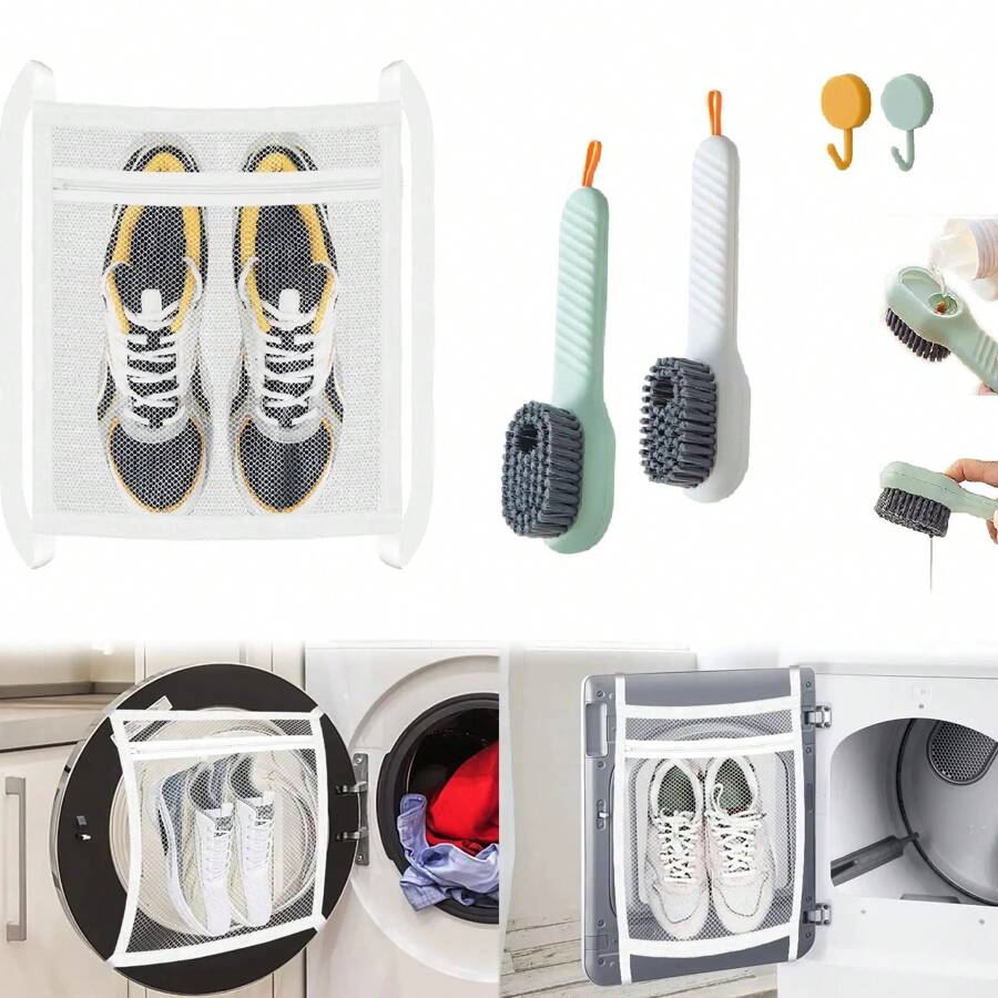 Dispensador de jabón, cepillos de limpieza para zapatos, bolsas de lavandería, bolsas de red para secar y lavar zapatillas, bolsas de malla grandes con cierre y correa para el lavado de zapatos y zapatillas, red de malla para la mayoría de las puertas de las secadoras